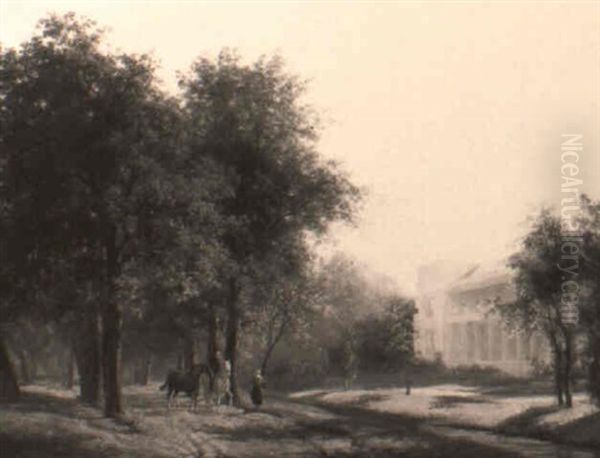 Gezicht Op Een Landweg Met Rechts Een Buiten Oil Painting by Julius Jacobus Van De Sande Bakhuyzen