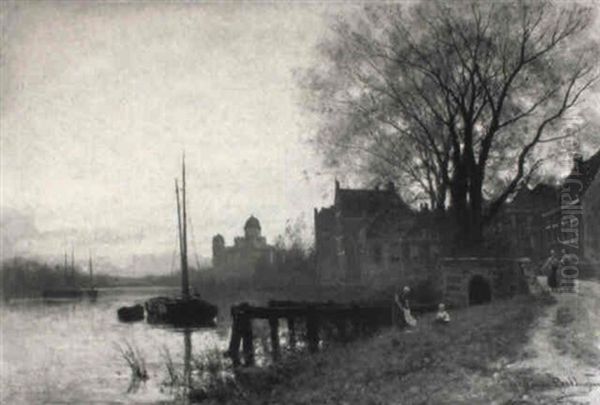 A View Of Leyden Along The River Oude Rijn With An Observatory Oil Painting by Julius Jacobus Van De Sande Bakhuyzen