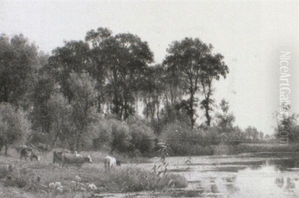 Cattle Watering By The Lake Oil Painting by Julius Jacobus Van De Sande Bakhuyzen