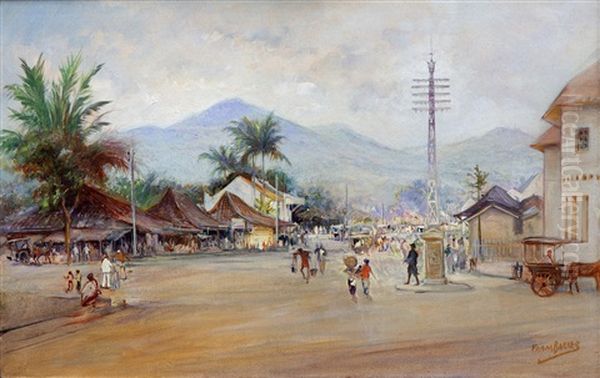 Javanese Village Square With Market Sellers And Horse-drawn Carriages Oil Painting by Frans Bakker