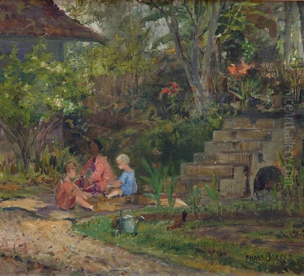 Children With Their Baboe In A Garden Oil Painting by Frans Bakker