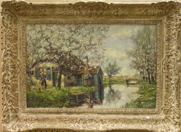 A Farmer's Wife Under Blossoming Tree Oil Painting by Jan Bakker