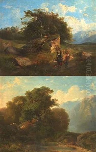 Parthie Aus Dem Berner Oberland (+ Parthie Vom Vierwaldstatter See; Pair) Oil Painting by Julius Bakof