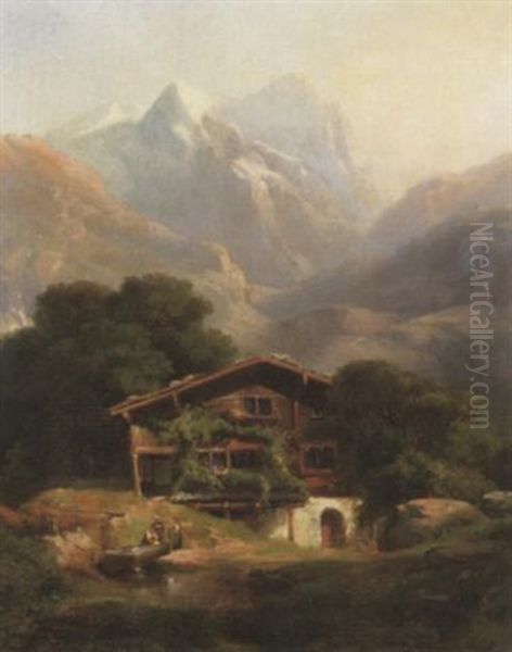 Bauernhaus Im Haslithal. Im Hintergrund Blick Auf Ein Bergmassiv Mit Gletscher Oil Painting by Julius Bakof