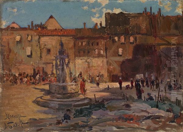 Town Square In Lobenicht Oil Painting by Leon Bakst