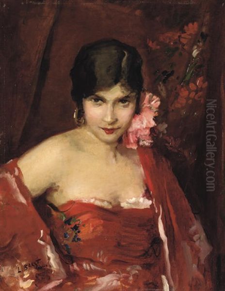 A Young Woman In A Red Shawl Oil Painting by Leon Bakst