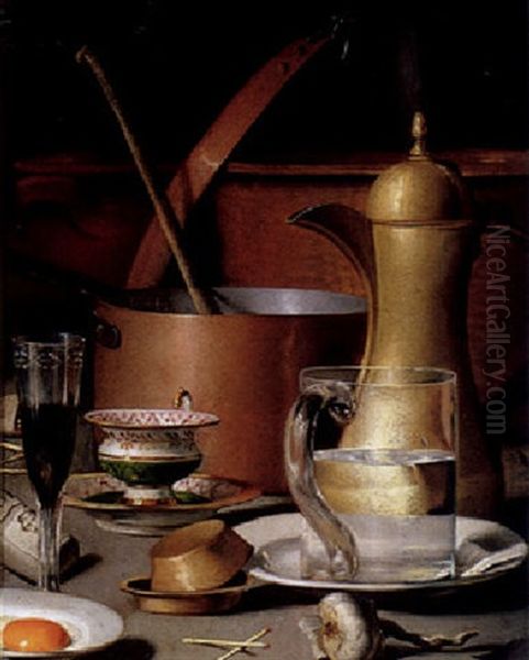 A Kitchen Still Life Of A Glass Jug Of Water, Glasses, A Fried Egg And Other Utensils Oil Painting by Filippo Balbi