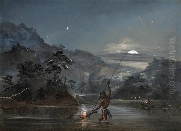 Aborigines Fishing By Torchlight Oil Painting by Thomas Tyrwitt Balcombe