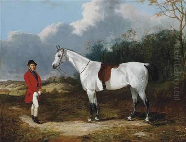 A Gentleman And His Dappled Grey Hunter, In An Extensive Landscape With A Hunt Beyond Oil Painting by James Walsham Baldock