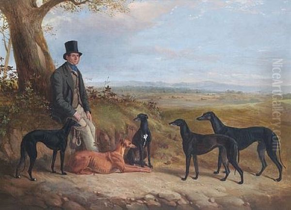 Portrait Of A Gentleman With Five Greyhounds In A Landscape Oil Painting by James Walsham Baldock