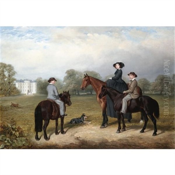 Mrs Samuel Garnett Mounted On A Bay Hunter With Her Two Sons, John And Samuel Mounted On Ponies, Outside Arch Hall, County Meath Oil Painting by James Walsham Baldock