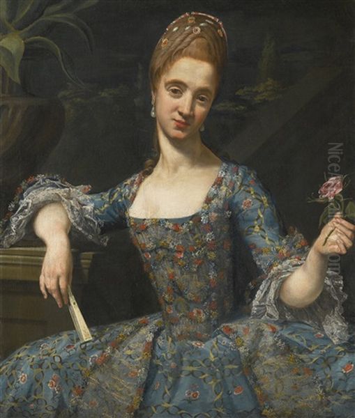 Portrait Of A Lady In An Elaborately Embroidered Blue Dress Oil Painting by Giuseppe Baldrighi