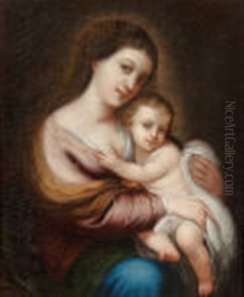 Virgin And Child (after Bartolome Esteban Murillo) Oil Painting by Edouard -Denis Baldus