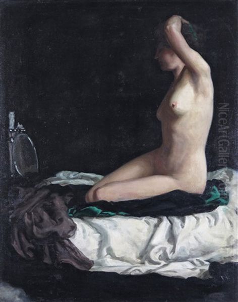 Portrait Of Anude, Kneeling On A Bed Oil Painting by Brake Baldwin