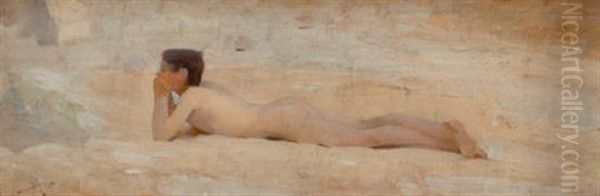 Nude Reclining On House Roof; And Nude Sleeping (2 Works) Oil Painting by Edwin Bale