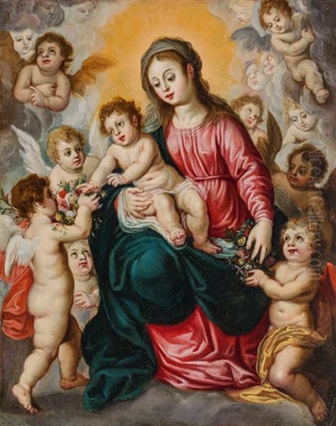 Madonna With Child Surrounded By Angels Handing Flowers Oil Painting by Hendrik van Balen the Elder