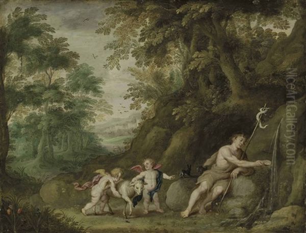 Saint John The Baptist With Two Putti And A Lamb In A Rocky Landscape Oil Painting by Hendrik van Balen the Elder