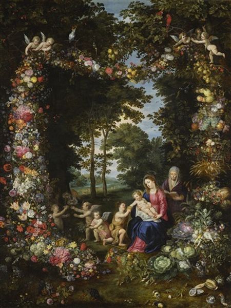 The Virgin And Child, The Infant Saint John The Baptist With Saints Anne And Agnes, All In A Wooded Glade, Surrounded By A Garland Of Fruit, Vegetables, Flowers, Animals And Angels Oil Painting by Hendrik van Balen the Elder