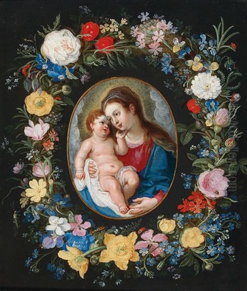 A Floral Garland Surrounding A Cartouche With The Madonna And Child Oil Painting by Hendrik van Balen the Elder