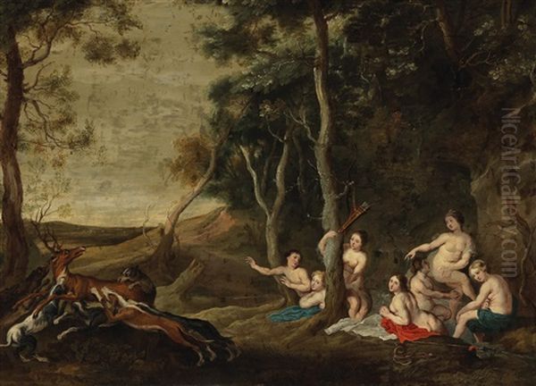 Diana And Her Nymphs Watching Hounds Chasing A Stag Oil Painting by Hendrik van Balen the Elder