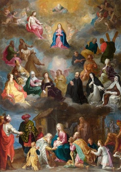 The Adoration Of The Virgin Mary, With Adoration Of The Kings And The Ascension Of Mary Oil Painting by Hendrik van Balen the Elder