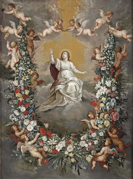 The Crowning Of The Virgin, Surrounded By A Garland Of Flowers Held By Putti Oil Painting by Hendrik van Balen the Elder