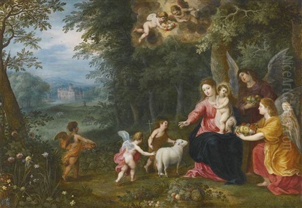 The Virgin And Child With The Infant Saint John, Surrounded By Animals Oil Painting by Hendrik van Balen the Elder