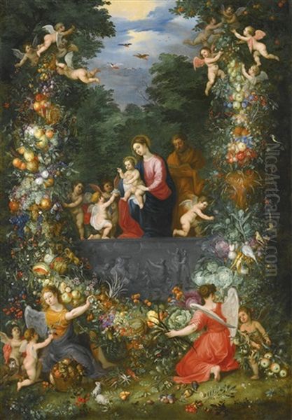 The Holy Family Within A Garland Of Fruit, Flowers And Vegetables Held By Angels Oil Painting by Hendrik van Balen the Elder