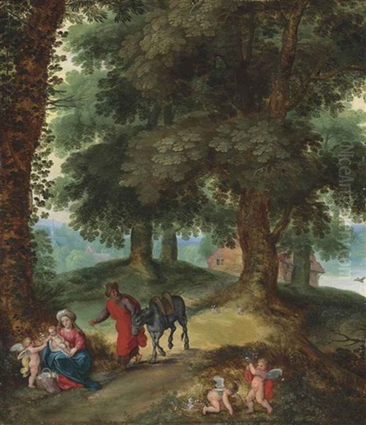 A Wooded Landscape With The Rest On The Flight Into Egypt Oil Painting by Hendrik van Balen the Elder