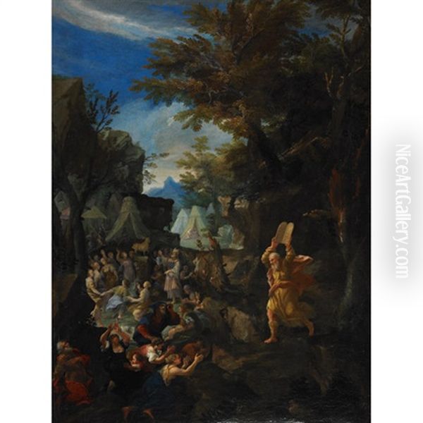 Moses Breaks The Tablets Of The Law After Coming Down Mount Sinai Finding The Children Of Israel Worshipping The Golden Calf And Rejoicing In The Spring Issuing From Rocks At An Encampment Oil Painting by Hendrik van Balen the Elder