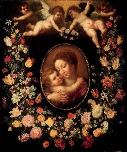 Anges Au Dessus D'une Guirlande De Fleurs Couronnant La Vierge Et L'enfant Oil Painting by Hendrik van Balen the Elder