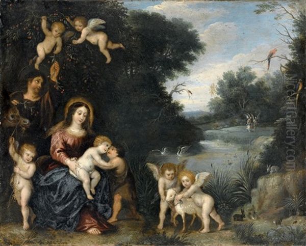 Sacra Famiglia E Angeli In Un Paesaggio by Hendrik van Balen the Elder