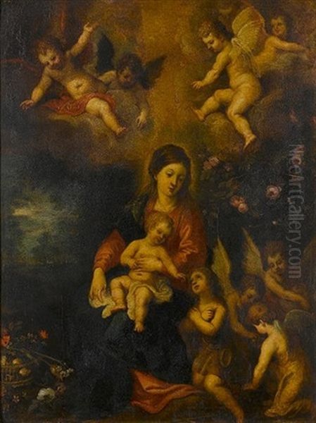 The Virgin, And Child With The Infant Saint John The Baptist Surrounded By Angels In A Landscape Oil Painting by Hendrik van Balen the Elder