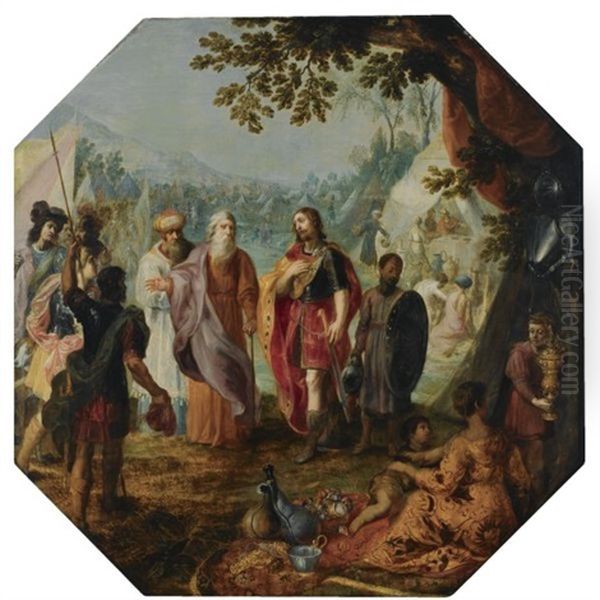 Moses, Pinehas And Eleazar Meeting Officers Of The Army, A Seated Woman With Two Young Children In The Foreground, Surrounded By Jewellery And Other Precious Materials, A View Of The Army Camp Beyond Oil Painting by Hendrik van Balen the Elder