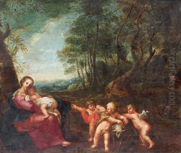 Maria Mit Dem Kind, Dem Johannesknaben Und Zwei Engeln In Einer Bewaldeten Landschaft Oil Painting by Hendrik van Balen the Elder