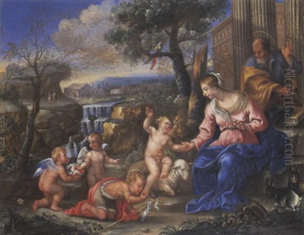 Sacra Famiglia Con San Giovannino E Angioletti Nei Pressi Di Una Cascata Oil Painting by Hendrik van Balen the Elder