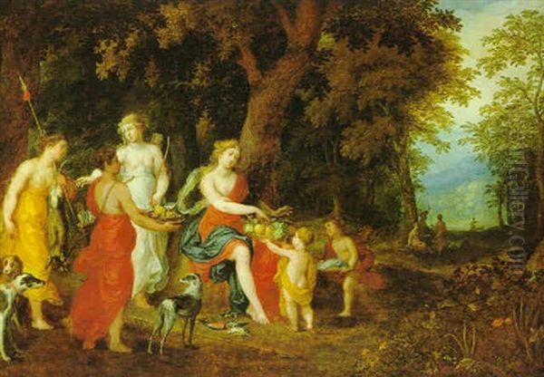 Waldlandschaft Mit Diana, Der Ein Madchen Fruchte Reicht, Mit Ihren Gefahrtinnen Oil Painting by Hendrik van Balen the Elder