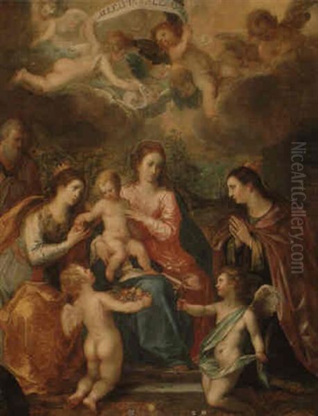 The Holy Family With St. Catherine Of Alexandria, Two Angels... Oil Painting by Hendrik van Balen the Elder