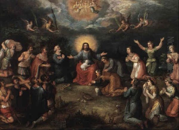 Christ Surrounded By Saints And Angels In A Landscape Oil Painting by Hendrik van Balen the Elder