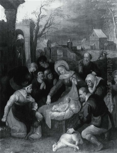 Adoration Of The Shepherds In The Foreground Of A Winter    Landscape Oil Painting by Hendrik van Balen the Elder