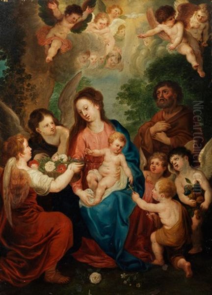 Die Heilige Familie Mit Dem Johannesknaben Von Engeln Verehrt Oil Painting by Hendrik van Balen the Younger