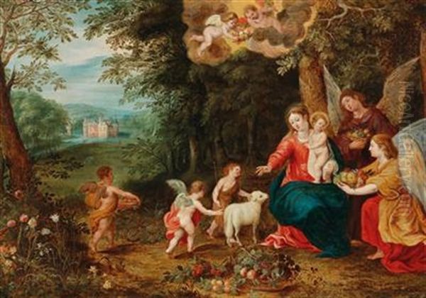 The Holy Family With The Infant Saint John And Angels In A Wooded Landscape With A Moated Castle In The Background Oil Painting by Jan Van Balen