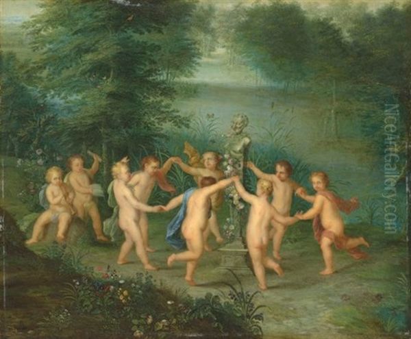 Music-making Putti Dancing Around A Herm Of A Satyr In A Forest Oil Painting by Jan Van Balen