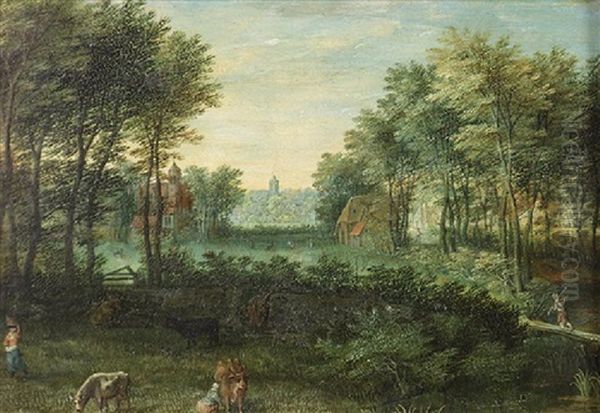 Landscape With Peasants And Livestock Oil Painting by Jan Van Balen