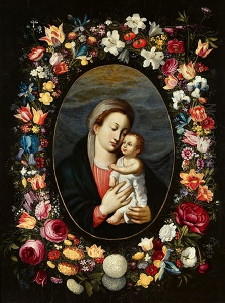 The Virgin And Child In A Floral Wreath Oil Painting by Jan Van Balen