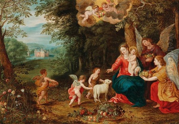 The Holy Family With The Infant Saint John The Baptist And Angels In A Wooded Landscape With A Moated Castle In The Background Oil Painting by Jan Van Balen