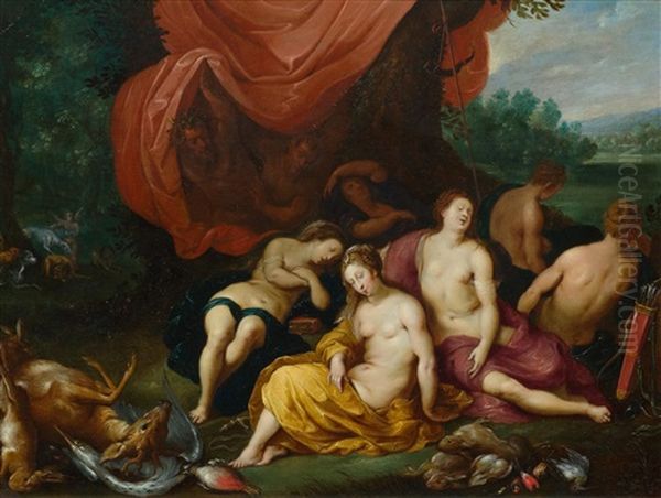 Diana And The Nymphs Sleeping, Watched By The Satyrs Oil Painting by Jan Van Balen