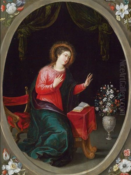 Die Muttergottes Mit Einem Blumenbouquet Oil Painting by Jan Van Balen