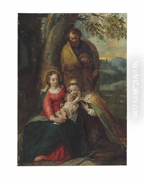 The Holy Family With Saint Catherine Of Alexandria Beneath A Cherry Tree Oil Painting by Jan Van Balen