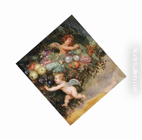 Two Putti With A Garland Of Grapes, Quinces, Apples, Strawberries And Other Fruit Oil Painting by Jan Van Balen